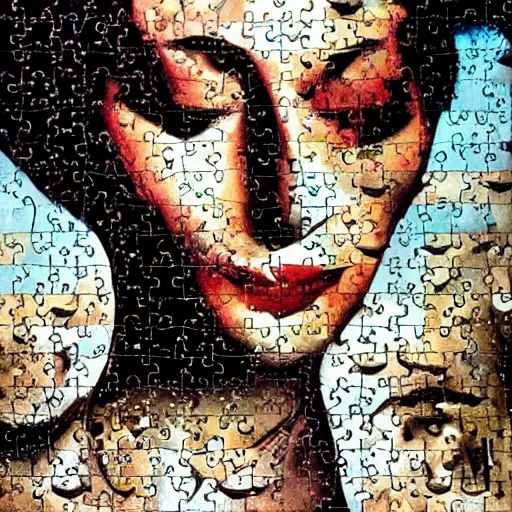 Image similar to A surreal oil painting of puzzle of a portrait of a beautiful woman with scattered puzzle pieces by Salvador Dali, dark vibes, high contrast