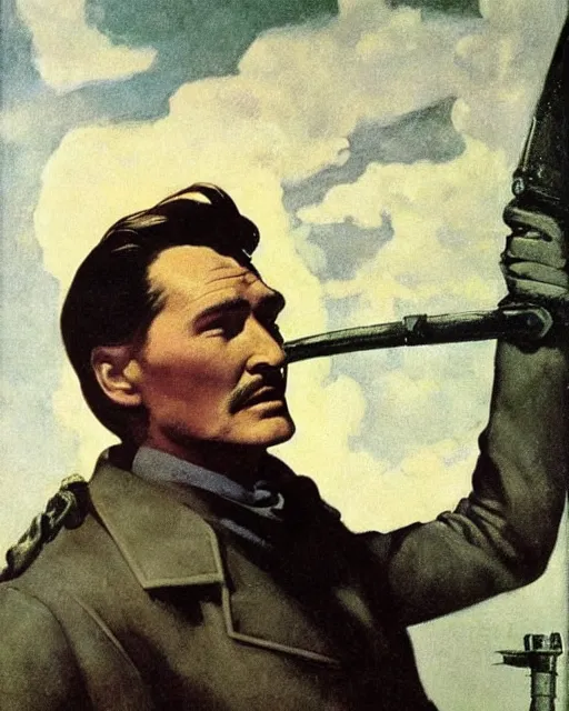 Image similar to Errol Flynn as a scientist. 1980s dystopian Soviet Russia, propaganda screens. Fantasy art by Greg Rutkowski, Gustave Courbet, Rosa Bonheur, Edward Hopper, Ilya Yefimovich Repin, Jean-François Millet, Andrew Newell Wyeth. Faithfully depicted facial expression, perfect anatomy, sharp focus, global illumination, radiant light, detailed and intricate environment, trending on ArtStation