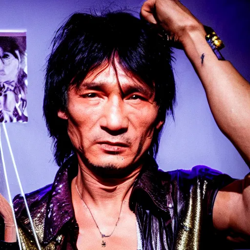 Image similar to Viktor Tsoi with silver-violet hair, white eyes and golden glittery dress, wide lens, diorama, 4k,