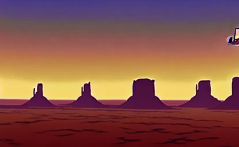 Prompt: a cell - shaded cartoon movie still from howl's moving castle ( 2 0 0 4 ) of a chrome ufo over a flooded monument valley at sunset. very dull muted colors, hd, 4 k, hq