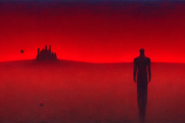 Prompt: only with red, red god of death eat apple, a futuristic city on mars in the background, floor is red worms, in the style of beksinski, part by hopper, part by rodcenko, part by hofbauer, intricate composition, red by caravaggio, insanely quality, highly detailed, masterpiece, red light, artstation, 8 k