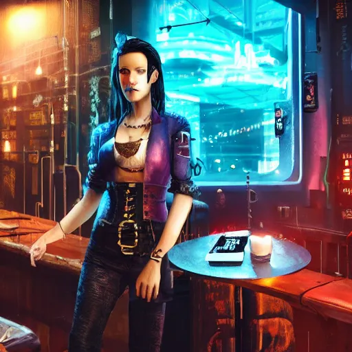 Image similar to a high quality portrait of a beautiful pirate in a cyberpunk cyberpunk cyberpunk cafe, realism, 8k, award winning photo