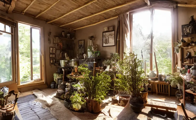 Image similar to interior view of a cluttered herbalist cottage, waxy candles, wood furnishings, herbs hanging, light bloom, dust, ambient occlusion, rays of light coming through windows