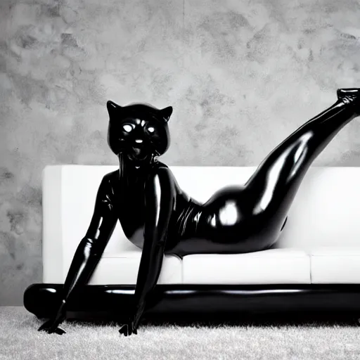 Image similar to a shiny black goo covered panther laying on a tar covered white couch in a living room, dripping and drooling black goo. digital art, photography, latex, rubber, reflective