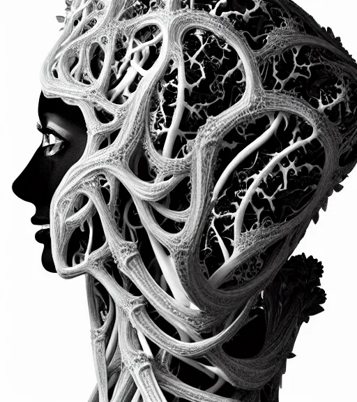 Image similar to a black and white high quality photo of a young beautiful female queen-vegetal-dragon-cyborg bust with a very long neck and Mandelbrot fractal face, Mandelbrot fractal skin, flesh, anatomical, facial muscles, veins, arteries, elegant, highly detailed, flesh highly baroque ornate, hair are wired cables, elegant, high fashion, rim light, octane render, in the style of Cindy Sherman, Realistic, Refined, Digital Art, Highly Detailed, Cinematic Lighting, rim light, black and white, photo-realistic, 8K