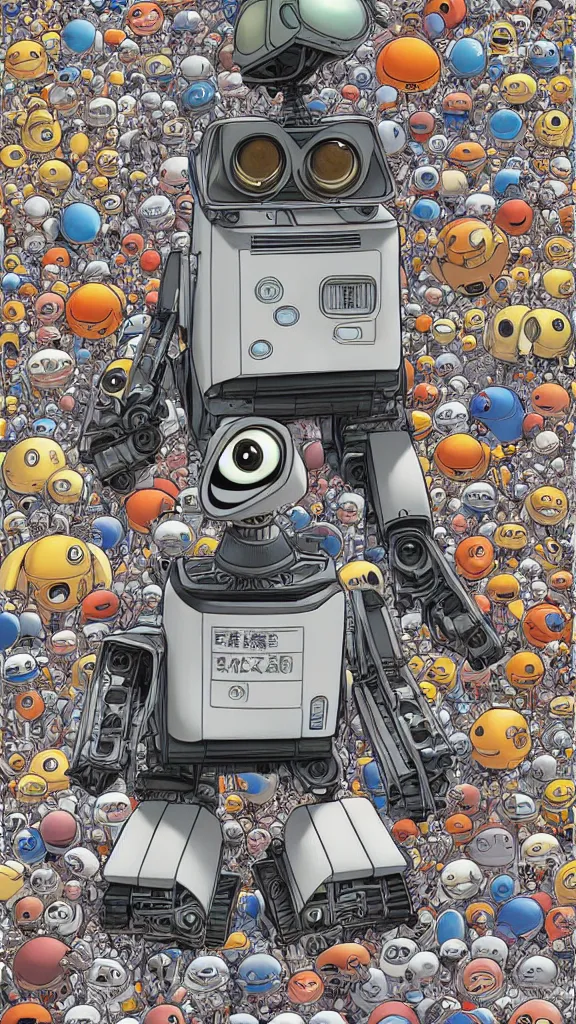 Prompt: Wall-E designed by Akira Toriyama, studio ghibli, biomechanical, akira toriyama manga illustration style, full color manga cover, symmetrical