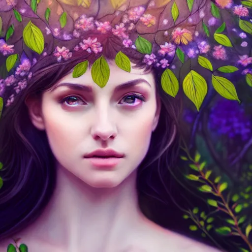 Image similar to a picture of a beautiful woman clothed in flowers and leaves standing in an enchanted forest, high fantasy, elegant, epic, detailed, intricate, digital painting, concept art, realistic detailed face, smooth, focus, rim light, detailed 8 5 mm f / 1. 4, anamorphic lens,