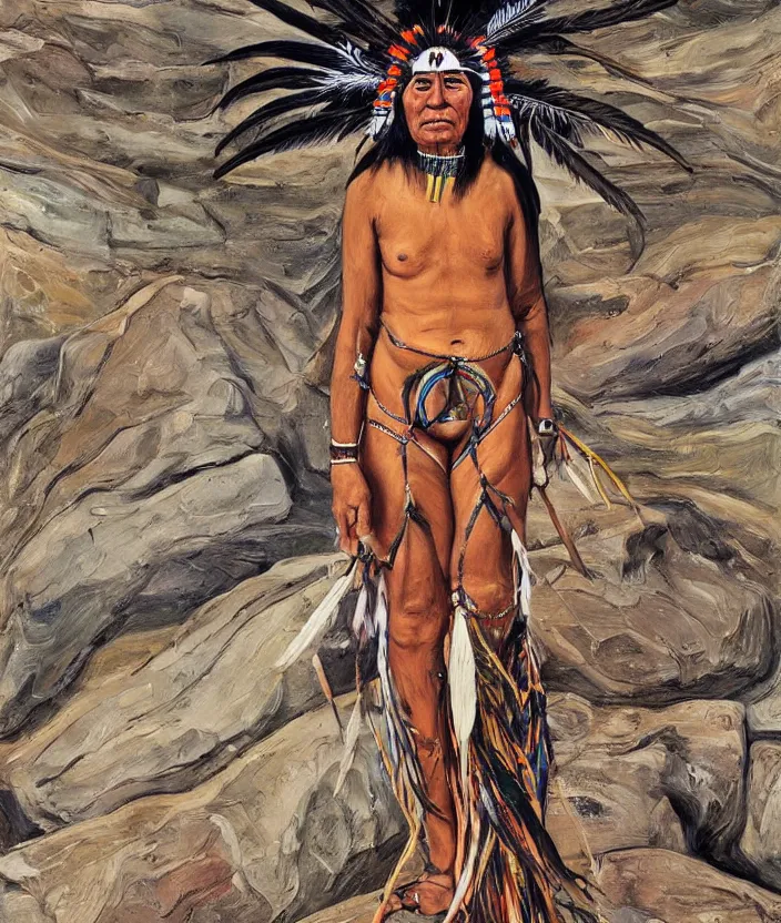 Prompt: full body shot picture of indigenous people young slim fit woman leader in canyon, painted by lucian freud, beautiful feathers, hd, super detailed, realistic