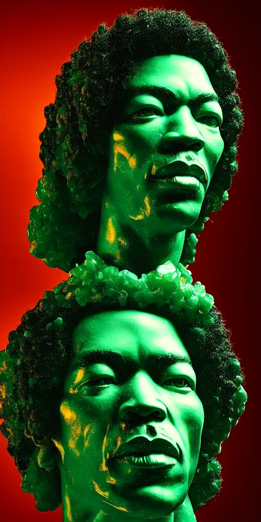 Image similar to detailed photo of a jade translucent statue of jimi hendrix, full body portrait, glowing in the dark, photorealism, intricate detail, museum diffuse lighting