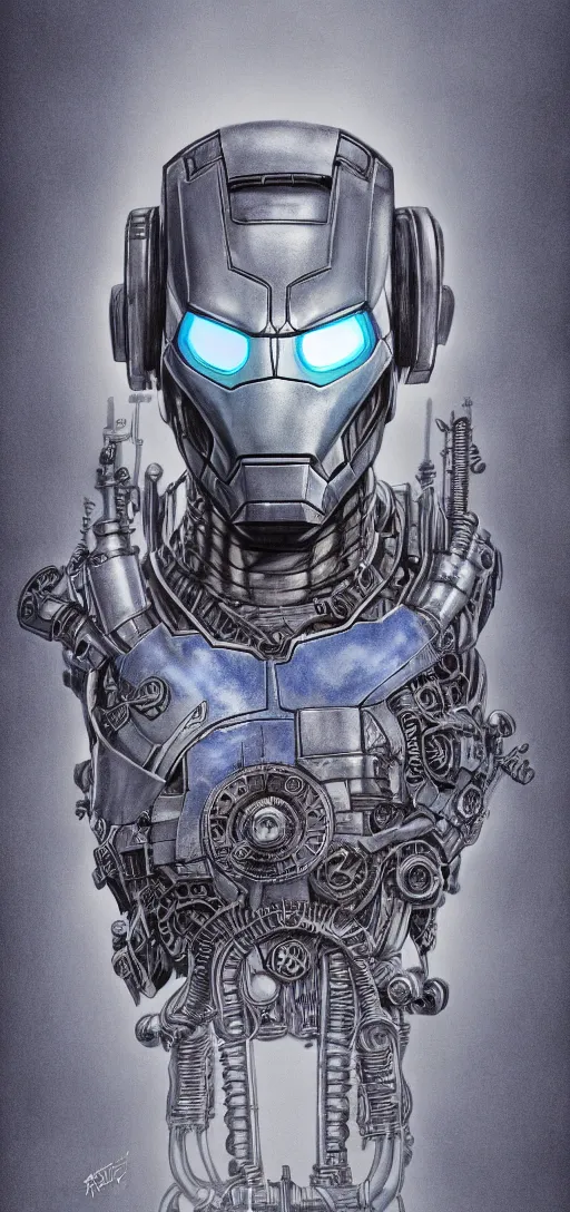 Image similar to steampunk, H.R. Giger design of Iron Man, full body and head, drawing on pencil, ornate, details, smooth, sharp focus, illustration, realistic, cinematic, artstation, award winning, rgb, ethereal blue lighting, 8K,