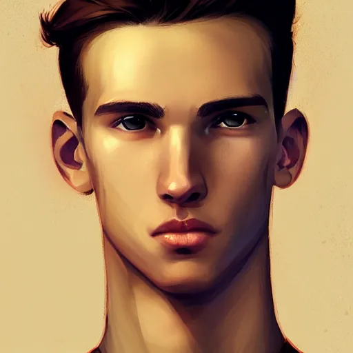 Image similar to colorful Captivating teenage boy with brown blond short quiff hair and thin slightly round facial structure with cleft chin, scruffy beard,bumpy nose, good definition of cheekbones, Alert brown eyes, narrow face, slim body, atmospheric lighting, painted, intricate, 4k, highly detailed by Charlie Bowater