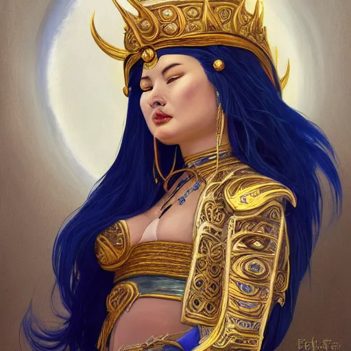 Prompt: painting of plus size mongolian priestess of the moon, golden filigree armor and tiara, moon above head, dark blue straight hair, smooth translucent skin, wide striking eyes, beautiful! coherent! by brom, by brian froud, strong line, high contrast, muted color, 4 k, trending on artstation