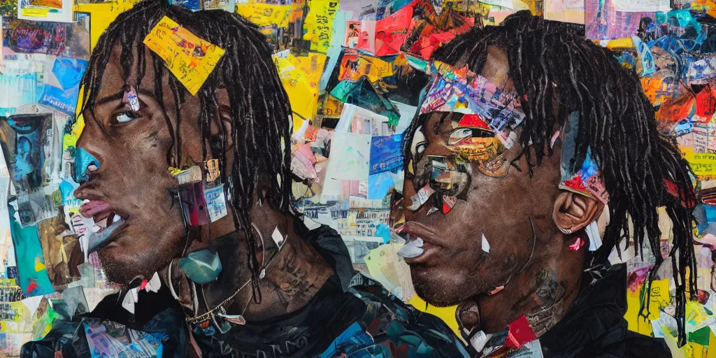 Prompt: travis scott with trash bag on his head, eye holes and big hair, paper pieces, skyscrapers, collage paper and tape, acrylic on canvas, hyperrealism mixed with expressionism, high resolution, cinematic, unreal 6 breathtaking detailed, by blake neubert