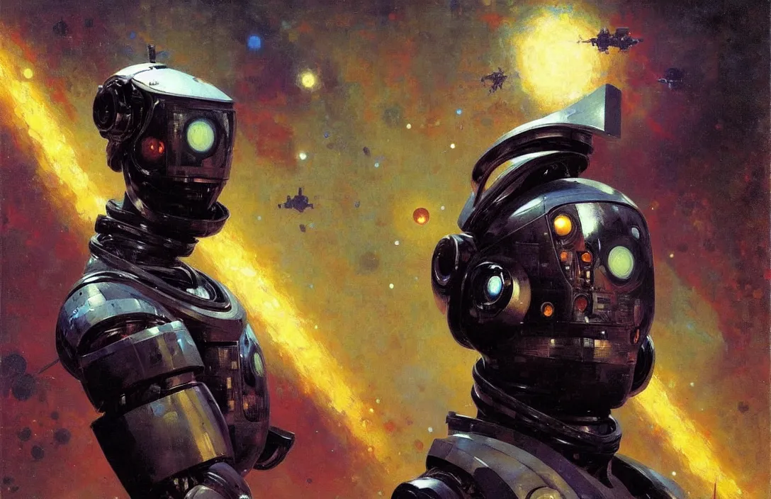 Image similar to portrait of futuristic space robot!!!!!!!!!!!!!!!!!!!!!!!!!!!, detailed face, detailed painting, epic lighting, by ilya repin, phil hale and kent williams