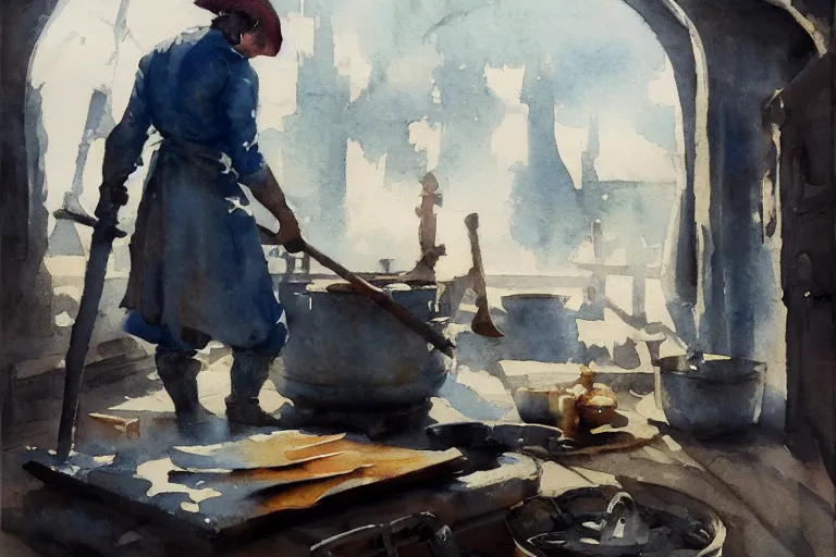 Image similar to small centered on watercolor paper, paint brush strokes, abstract watercolor painting of dirty medieval blacksmith with apron and hammer, anvil, kiln, cinematic light, national romanticism by hans dahl, by jesper ejsing, by anders zorn, by greg rutkowski, by greg manchess, by tyler edlin