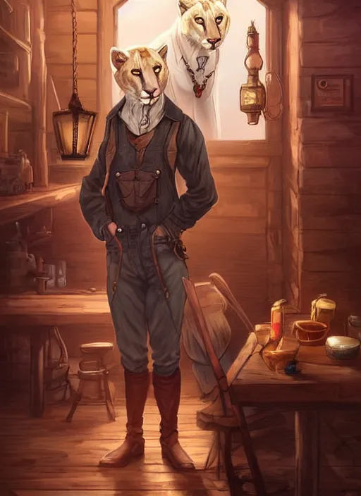 Image similar to beautiful portrait commission of a male furry anthro albino mountain lion with dark red eyes wearing old-timey miner's clothes in an old saloon. Atmospheric. Character design by charlie bowater, ross tran, artgerm, and makoto shinkai, detailed, inked, western comic book art