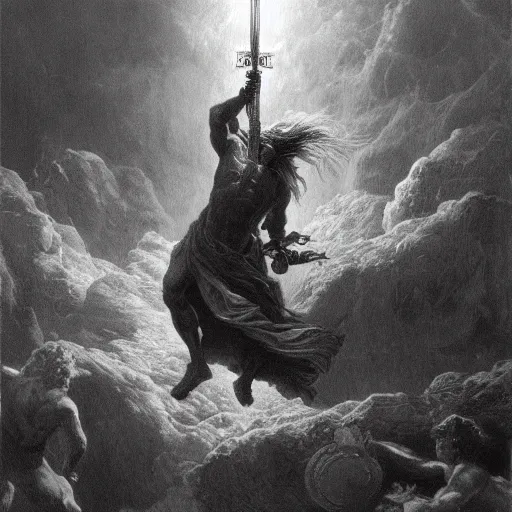 Image similar to a painting of Gustave Doré showing Thor rising the mjolnir, high definition, trending on artstation