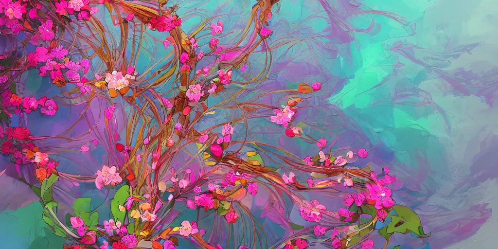 Image similar to loral design with a fine structure and flowing colors and blossoms. high details, artstation trending