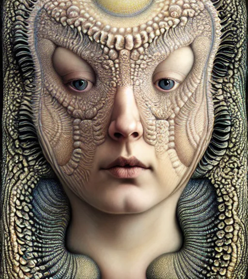 Image similar to detailed realistic beautiful oyster goddess face portrait by jean delville, gustave dore, iris van herpen and marco mazzoni, art forms of nature by ernst haeckel, art nouveau, symbolist, visionary, gothic, neo - gothic, pre - raphaelite, fractal lace, intricate alien botanicals, ai biodiversity, surreality, hyperdetailed ultrasharp octane render