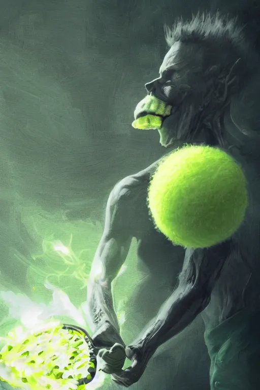 Image similar to portrait of tennis ball monster wielding a tennis racket, visible aura of madness distorting the surroundings, occult details, greg rutkowski style, high quality, 8 k,