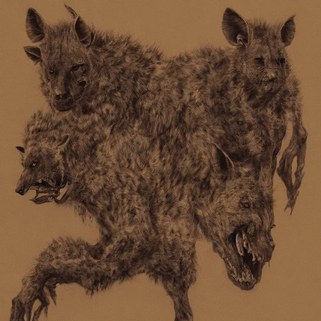 Image similar to demonic and deformed hyena, in the style of zdislaw beksinski