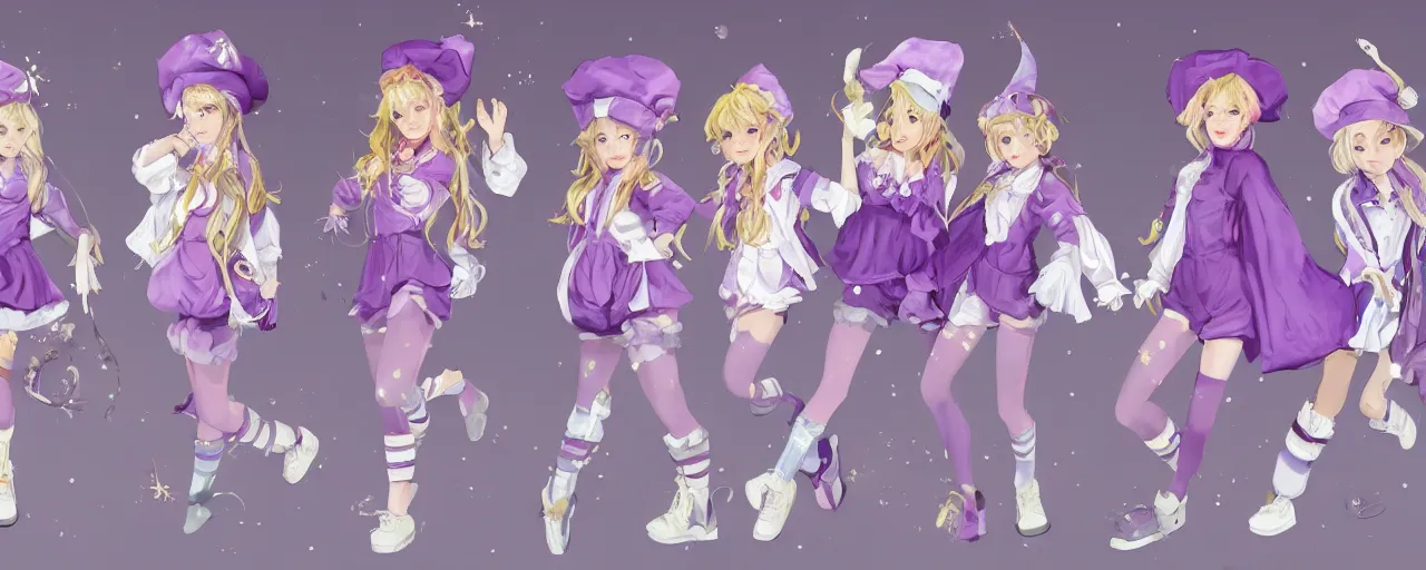 Prompt: A character sheet of full body cute magical girls with short blond hair wearing an oversized purple Beret, Baggy Purple overall shorts, Short Puffy pants made of silk, pointy jester shoes, a big billowy scarf, Golden Ribbon, and white leggings Covered in stars. Short Hair. Sunlit. Haute Couture. Artist\'s clothes. Art by william-adolphe bouguereau and Paul Delaroche and Alexandre Cabanel and Lawrence Alma-Tadema and Johannes Helgeson and WLOP. Smooth. Elegant. Highly Detailed. Intricate. 4K. UHD. Denoise.