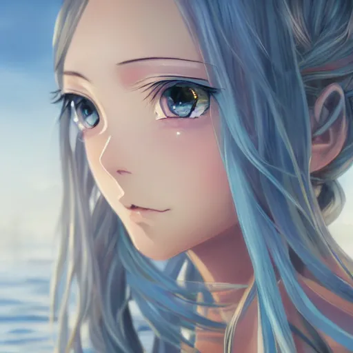 Prompt: closeup portrait of a very beautiful anime girl, macro, long braided curly silver hair, sky blue eyes, full round face, short smile, casual clothes, winter lake setting, cinematic lightning, medium shot, mid-shot, highly detailed, trending on Artstation, Unreal Engine 4k, cinematic wallpaper by Stanley Artgerm Lau, WLOP, Rossdraws, James Jean, Andrei Riabovitchev, Marc Simonetti, and Sakimichan