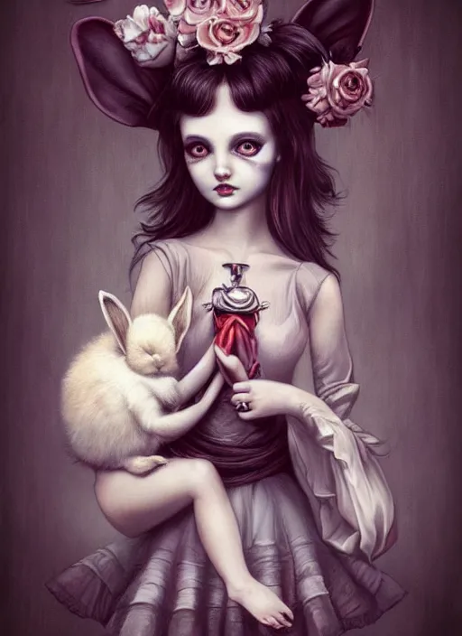 Image similar to pop surrealism, lowbrow art, realistic cute alice girl painting, holding bunny, hyper realism, muted colours, rococo, natalie shau, loreta lux, tom bagshaw, mark ryden, trevor brown style,