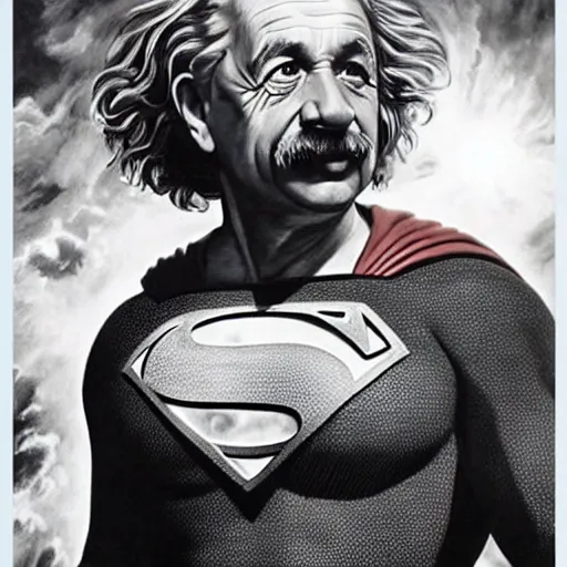 Image similar to ultra realistic portrait painting of albert einstein as superman, art by frank frazetta, 4 k, ultra realistic, highly detailed, epic lighting