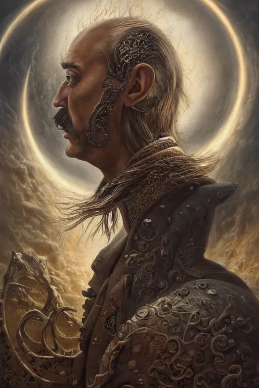 Prompt: Intricate stunning highly detailed portrait of Salvador Dali depicted as HammerFall’s lead vocals, digital painting by agostino arrivabene and Vladimir Kush, surreal, ultra realistic, Horror vacui, dramatic lighting, full moon, thick black swirling smoke tornado, burning fire embers, artstation