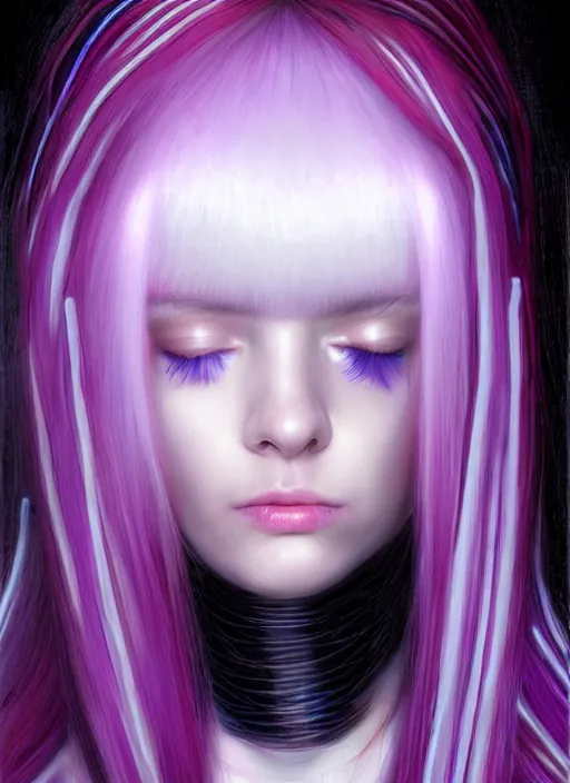 Image similar to hair whitebangs hair, black cyberlox, portrait of teenage girl with white bangs, whitebangsblackhair, messy bangs, cyberlox, whitebangs, red irises, purple clothes, intricate, elegant, glowing lights, highly detailed, digital painting, artstation, concept art, sharp focus, illustration, art by wlop, mars ravelo and greg rutkowski