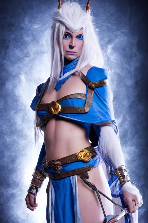 Image similar to a blue-skinned female DND vedalken, high resolution film still, 8k, HDR colors, cosplay, studio lighting, photo by bruce weber