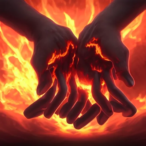 Image similar to two demonic hands hold the earth, flames in the background, artstation