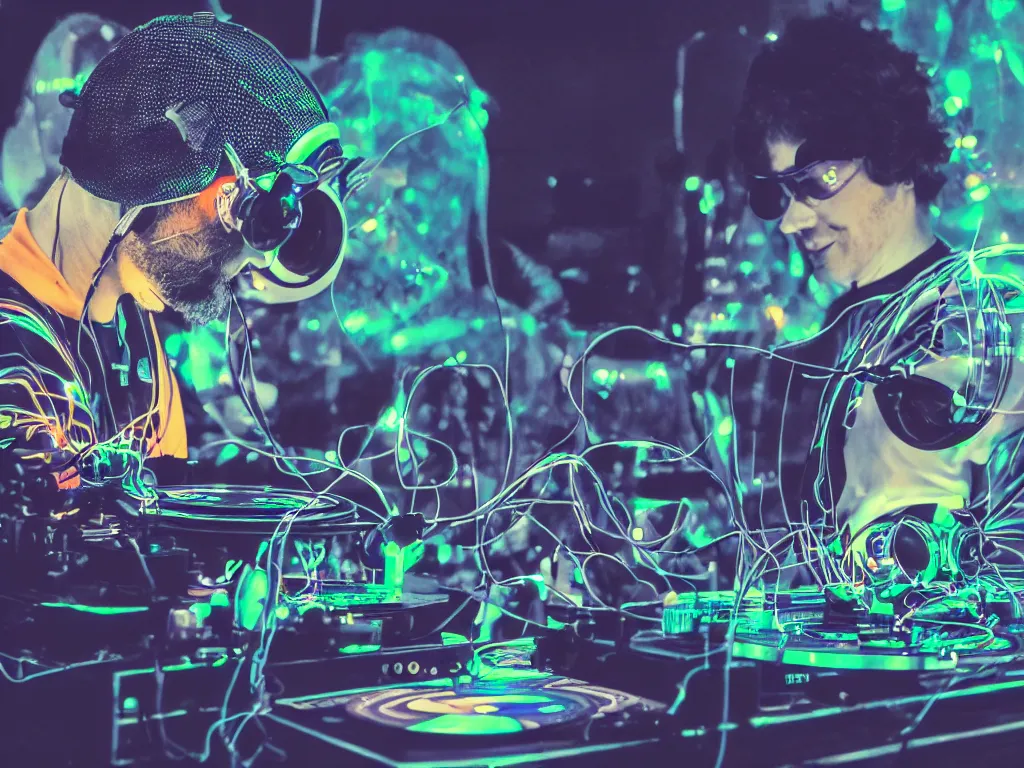 Image similar to a person wearing goggles and visor and headphones using a retro record player contraption, wires and tubes, turntablism dj scratching, intricate planetary gears, cinematic, imax, sharp focus, leds, bokeh, iridescent, black light, fog machine, hazy, lasers, hyper color digital art