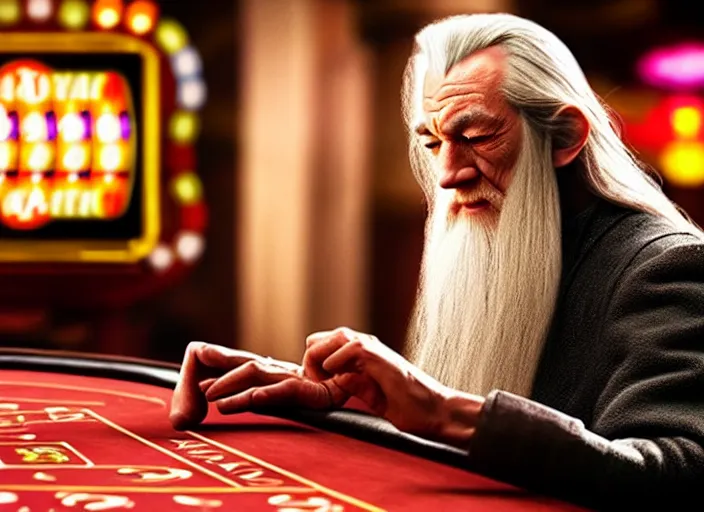 Prompt: film still of gandalf gambling in a casino in new pixar movie, 8 k