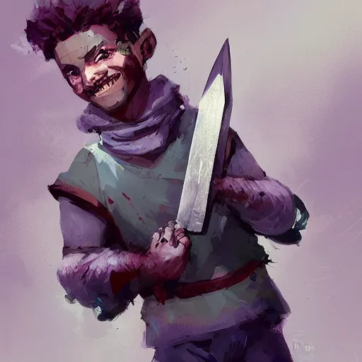 Image similar to duergar male child character portrait with pale purple skin, by Ismail Inceoglu, shabby clothes, leather pouch, wielding kitchen knife, smiling, youthful, dungeons and dragons, digital art