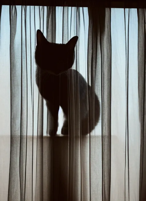 Prompt: a cat silhouette behind a transparent window curtain