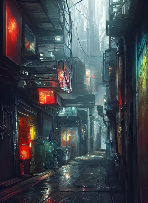 Image similar to airbrushed painting of a cyberpunk alleyway, stunning, featured on artstation, cinematic lighting, hyperdetailed, cgsociety, 8k, dramatic, dark atmosphere, alluring