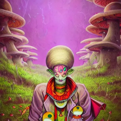 Prompt: 4 k headshot portrait of a psychedelic demonic anthropomorphic bunny rabbit with mushroom themed clothes, magic mushroom village in background by jeff easley, award winning, stylized neon, post - processing, masterpiece, superb resolution. in the art style of junji ito and greg rutkowski. detailed mushroom city in background. hyper realistic anime. perfect art. dalle 2