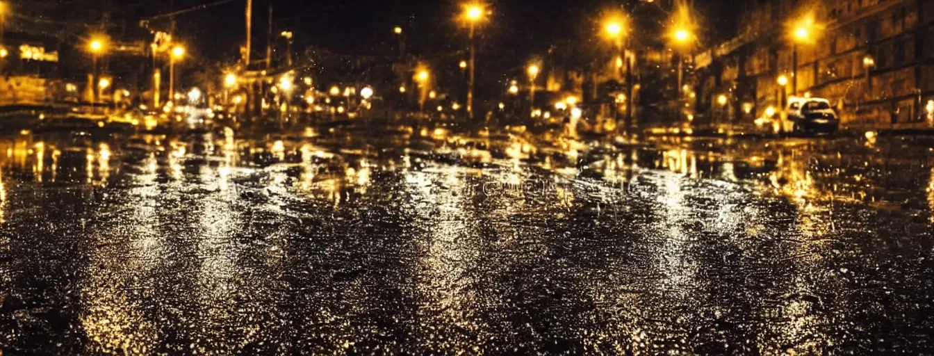 Image similar to beautiful photo, aspic on road, night, rain, modern street, lights, close up the fat frog on wet road