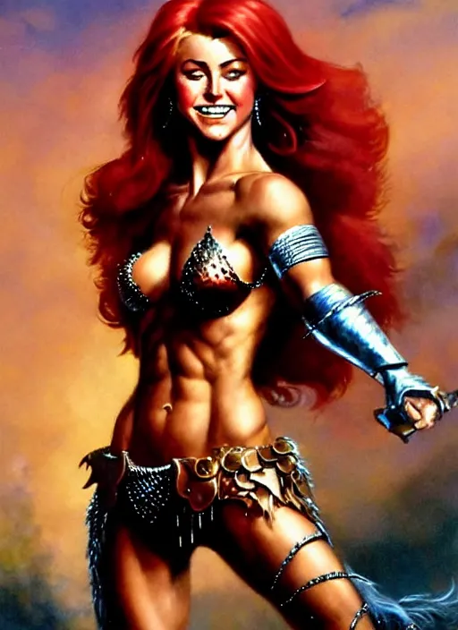 Image similar to a stunning medium shot portrait of julianne hough as a red sonja, digital art by frank frazetta and boris vallejo and julie bell and moebius, highly detailed, trending on artstation, hq