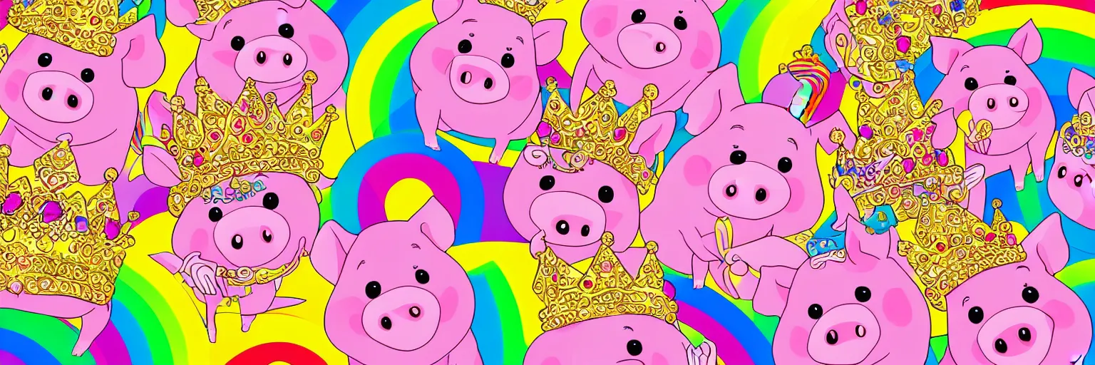 Image similar to illustration of cute pigs wearing gold crowns and rainbows digital art wallpaper by lisa frank, intricate illustration