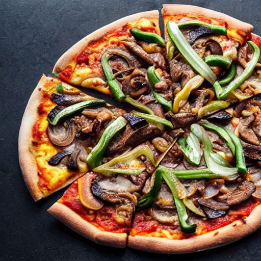 Prompt: a pizza topped with liver, onions, green peppers, anchovies, mushrooms