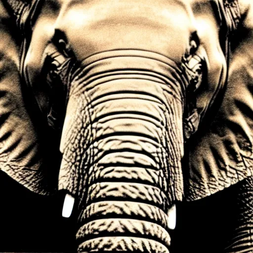 Image similar to a detailed, close - up photograph of an elephant with tiger skin