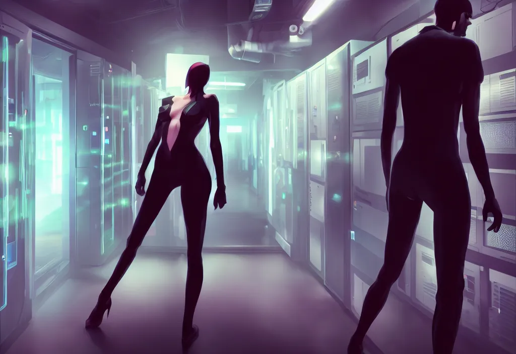 Image similar to by rupert sanders android walking in server room in datacenter, shot by cyberpunk syle, character design, proportional body, whole body, whole figure, very realistic cinematic concept art, complementary color, realistic detailed, sharp lines, trending on artstation, volumetric lighting, octane render