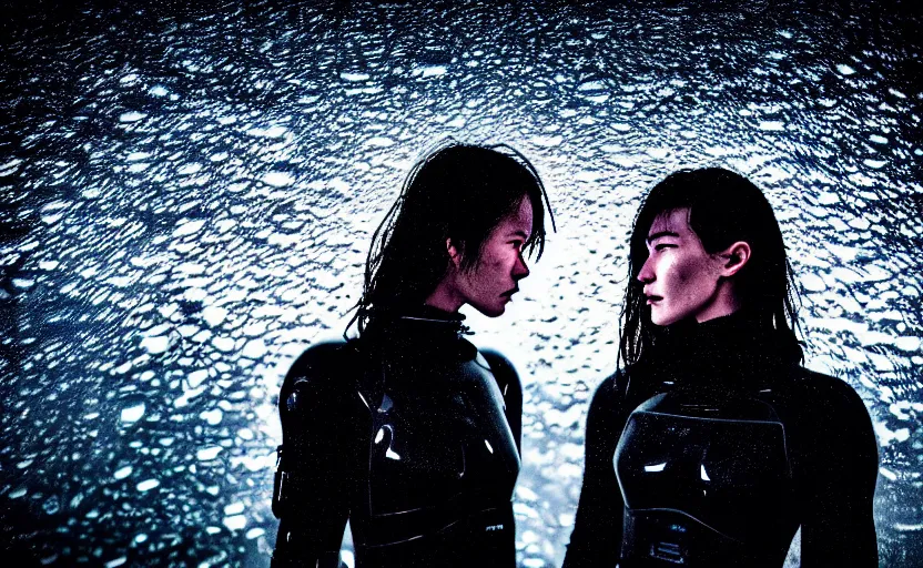 Prompt: cinestill 5 0 d candid photographic portrait by christopher nolan of two loving female androids wearing rugged black mesh techwear in treacherous waters, city, clear sky planets, helicopter, medium closeup, modern cyberpunk moody cinematic, pouring iridescent rain bright spotlight, 8 k, hd, high resolution, 3 5 mm, f / 3 2, ultra realistic faces, ex machina