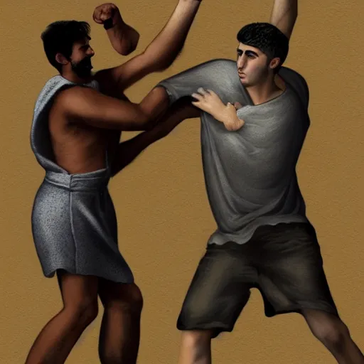 Image similar to 20 year old Mediterranean man fighting an 18 year old Mediterranean man, biblical clothing, highly realistic charcoal sketch