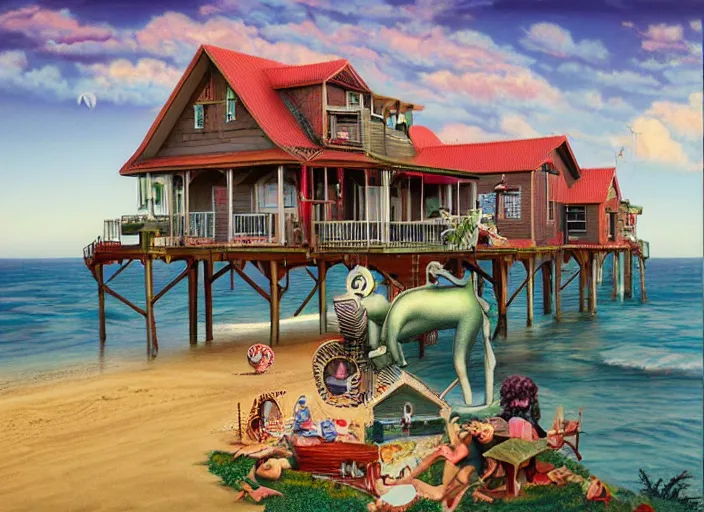 Prompt: australian beach house town, lowbrow, matte painting, 3 - d highly detailed, in the style of mark ryden,