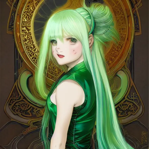 Image similar to adult girl with long light green hair, light green eyes, a small pigtail on the left side, chinese dress, chinese style, anime style, hyper detailed, light green dress, illustration, digital painting, art by artgerm and greg rutkowski and alphonse mucha, high delicate defined details, anime stylized, highly detailed, realistic, sharp focus