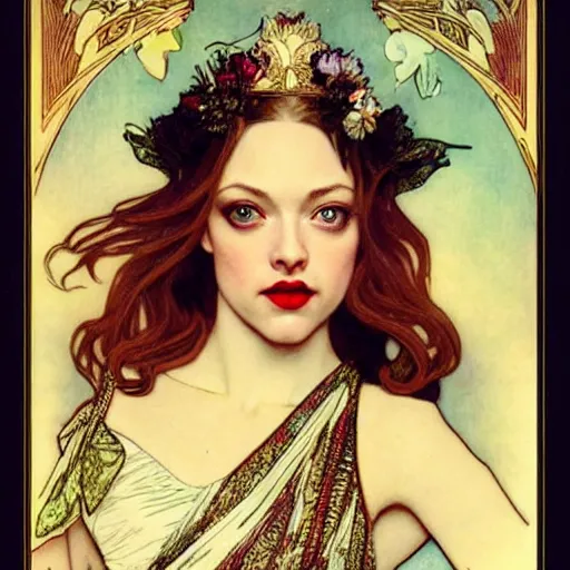 Prompt: amanda seyfried portrait by louis - theophile hingre and alphonse mucha, realistic, sharp focus, zodiac signs, tarot cards, planets, ethereal, art nouveau, magic, moon, sun, crown, dreamy, royal, jewellery